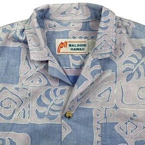 Malihini Hawaii Button Down Mens Medium Blue Purple Tribal Monstera Aloha Shirt